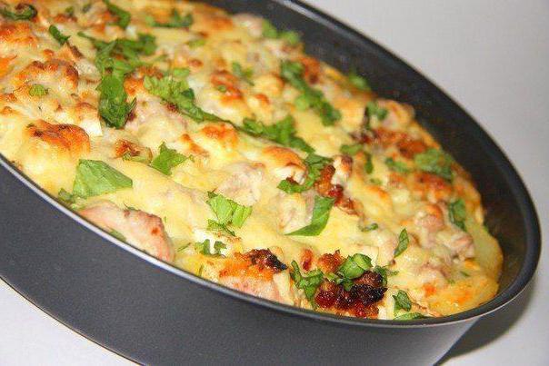 Картошка по французски с грибами и мясом и помидорами