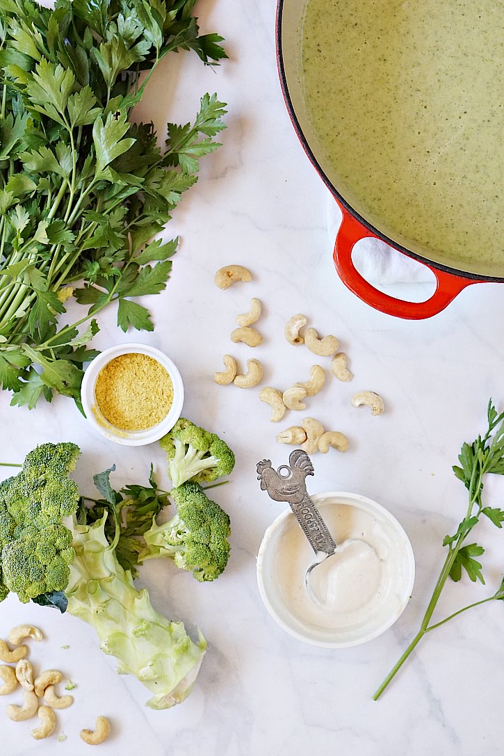Vegan broccoli soup ingredients The simple ingredients for this vegan cream of broccoli soup include cashews, nutritional yeast, parsley, garlic, and broccoli.
