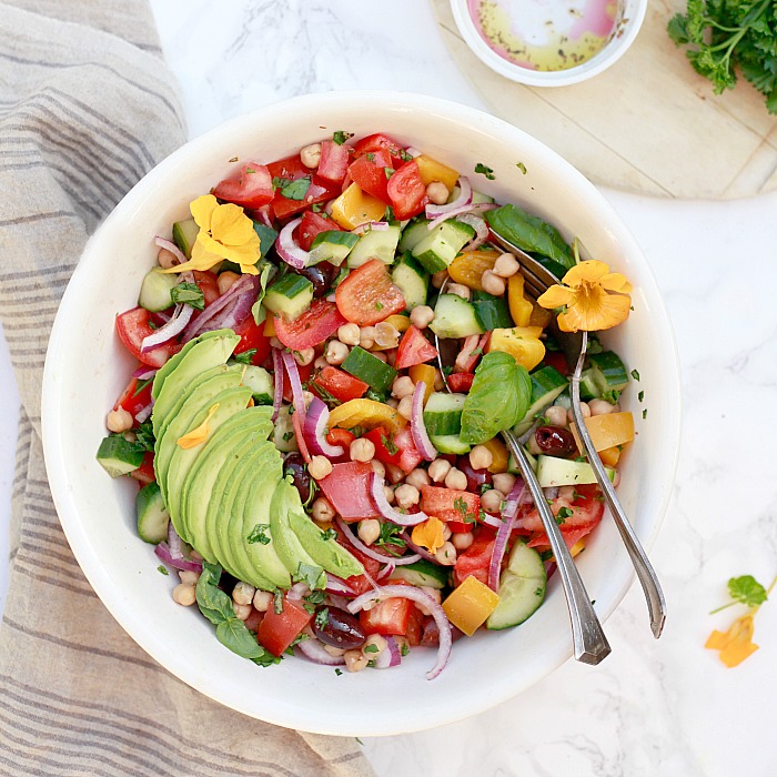 Easy Greek Salad Recipe Healthy, easy, vegetarian and vegan Greek salad recipe with chickpeas and a flavorful Greek salad dressing.