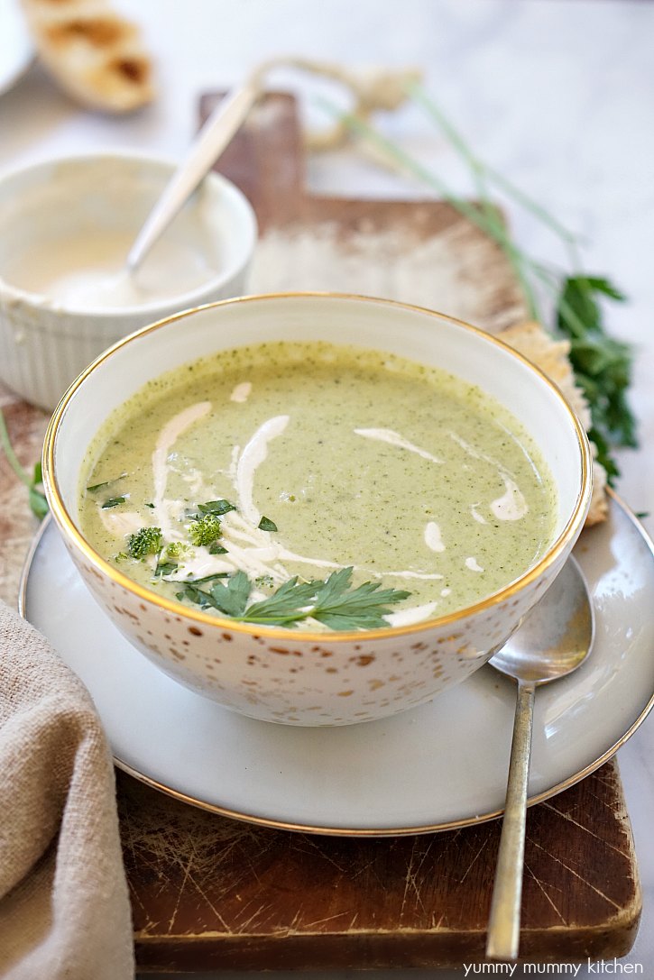 Creamy vegan broccoli soup recipe This easy vegan broccoli soup has cashew cream mixed in and swirled on top for extra creaminess.