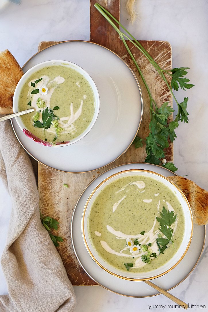 Vegan broccoli soup recipe Beautiful bowls of creamy vegan broccoli soup topped with cashew cream.