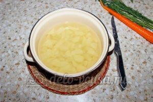 Овощной суп с клецками: Очищаем, режем и варим картофель