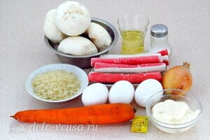 Крабовый салат-торт с рисом и грибами: Ингредиенты Крабовый салат-торт с рисом и грибами: Ингредиенты