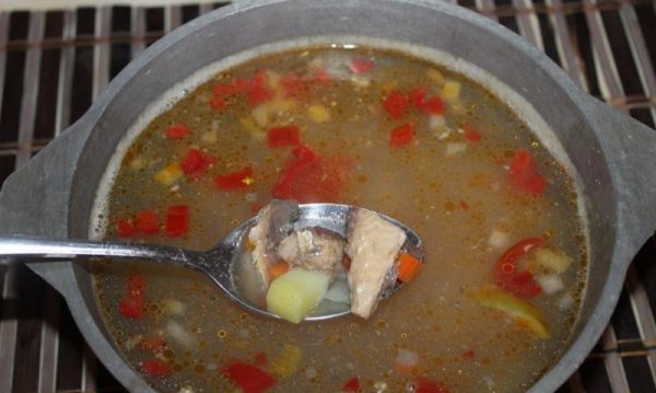 Кастрюля с супом и кусочек рыбы в металлической ложке