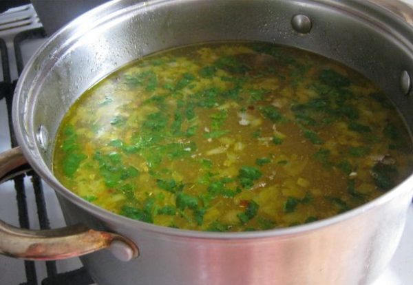 Металлическая кастрюля с супом на плите