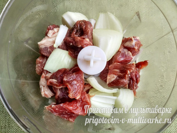 Мясо и лук в блендере