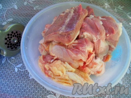 Свиное сало (без шкуры), куриную шкуру и жир, половину свинины и половину куриного мяса пропустите через мясорубку.
