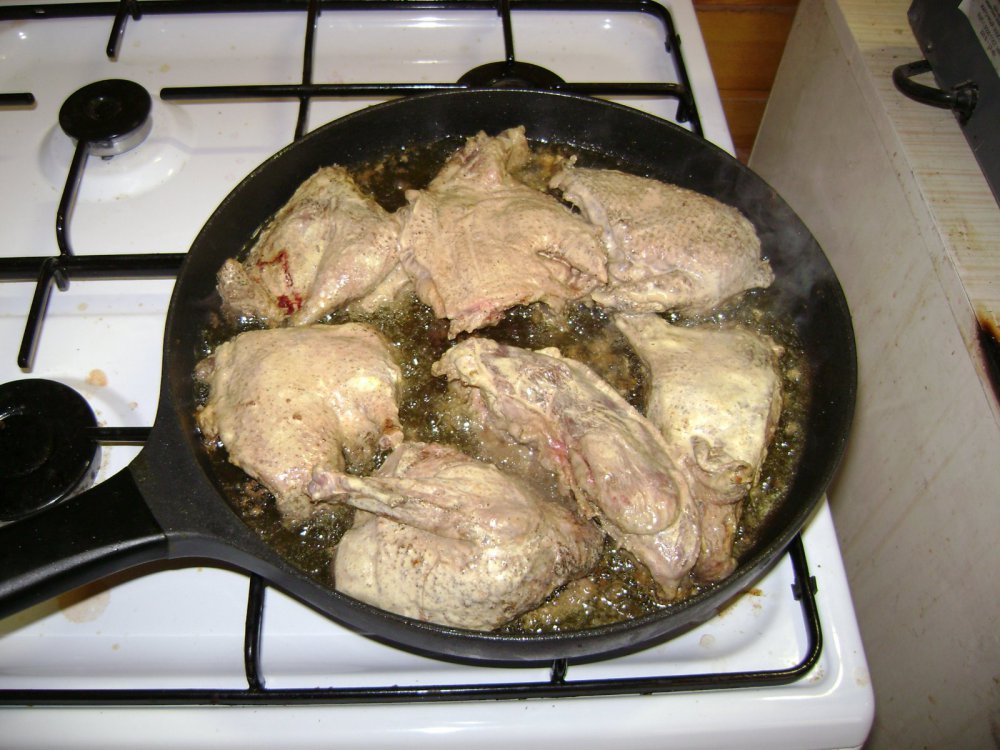 маринованные кусочки мяса утки в сковороде с маслом на плите